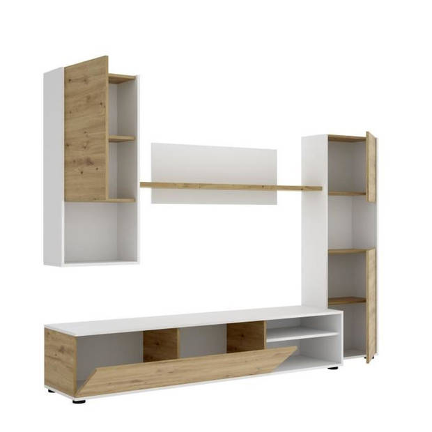 LUKA TV-wandmontage - Wit melamine en ambachtelijk eikenhout - 4 deuren - L220 x D41 x H180 cm