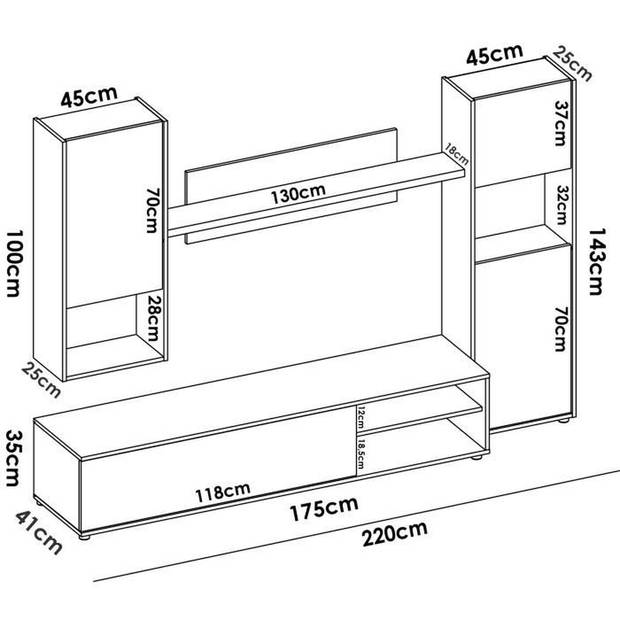 LUKA TV-wandmontage - Wit melamine en ambachtelijk eikenhout - 4 deuren - L220 x D41 x H180 cm