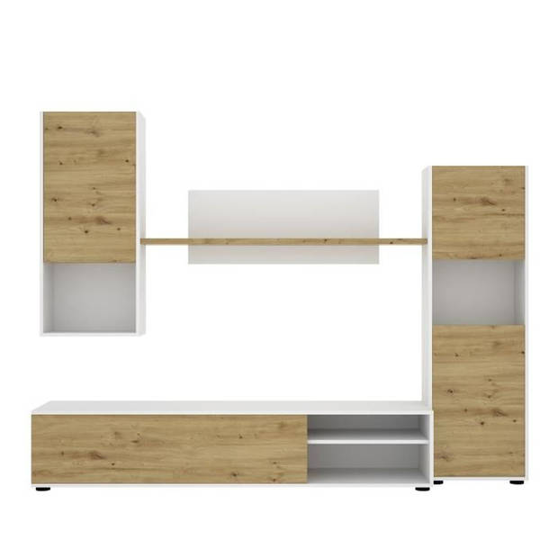 LUKA TV-wandmontage - Wit melamine en ambachtelijk eikenhout - 4 deuren - L220 x D41 x H180 cm