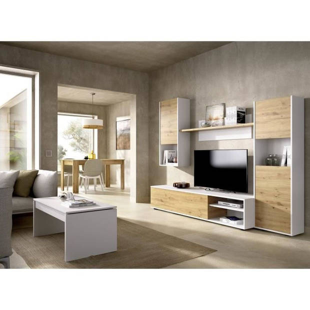 LUKA TV-wandmontage - Wit melamine en ambachtelijk eikenhout - 4 deuren - L220 x D41 x H180 cm