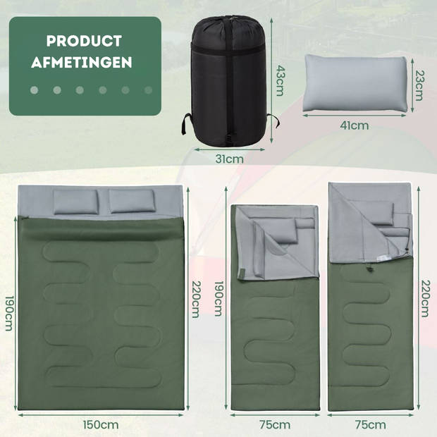 Costway Dubbele 2-in-1 Waterdichte Slaapzak Voor 2-personen 220x150 cm Groen