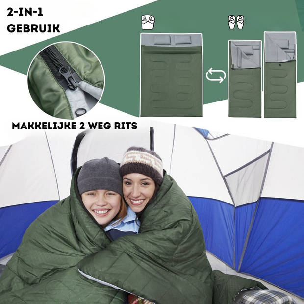 Costway Dubbele 2-in-1 Waterdichte Slaapzak Voor 2-personen 220x150 cm Groen