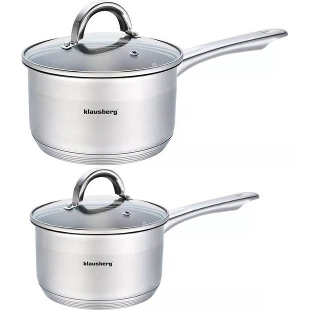 2 x steelpan / sauspan - steelpan met glazen deksel - Ø14 en Ø16 cm - RVS - 1 liter en 1,5 liter