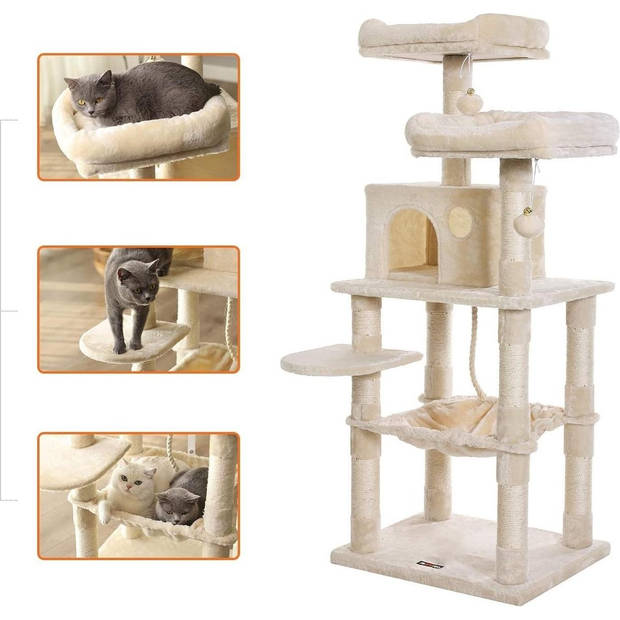 FEANDREA - krabpaal - 143 cm - stabiele krabpaal met kattenhuis - Beige