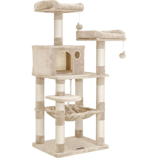 FEANDREA - krabpaal - 143 cm - stabiele krabpaal met kattenhuis - Beige - Copy