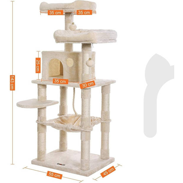 FEANDREA - krabpaal - 143 cm - stabiele krabpaal met kattenhuis - Beige