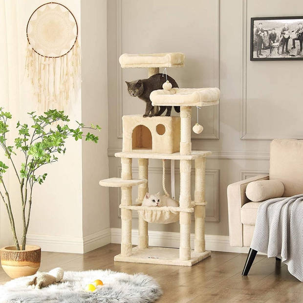 FEANDREA - krabpaal - 143 cm - stabiele krabpaal met kattenhuis - Beige