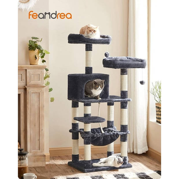 FEANDREA - krabpaal - 143 cm - stabiele krabpaal met kattenhuis - rookgrijs