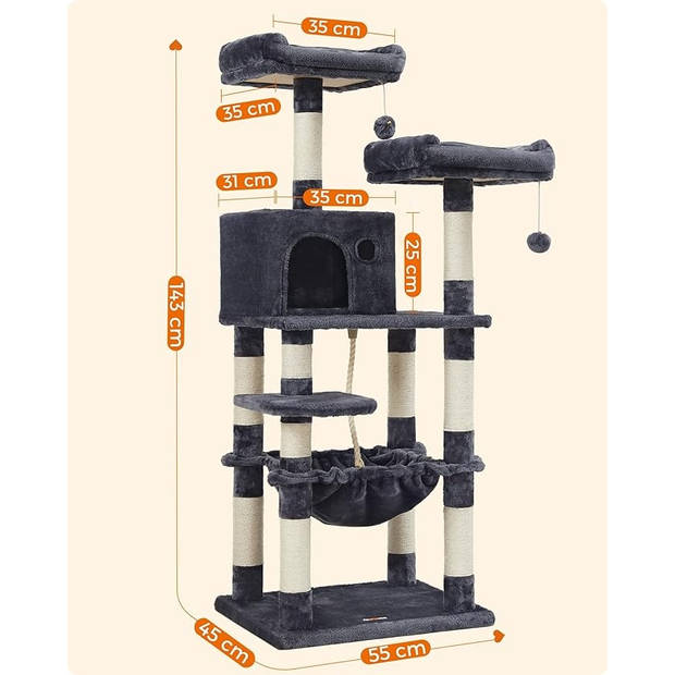 FEANDREA - krabpaal - 143 cm - stabiele krabpaal met kattenhuis - rookgrijs