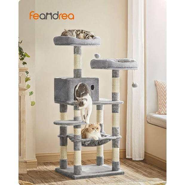 FEANDREA - krabpaal - 143 cm - stabiele krabpaal met kattenhuis - Lichtgrijs