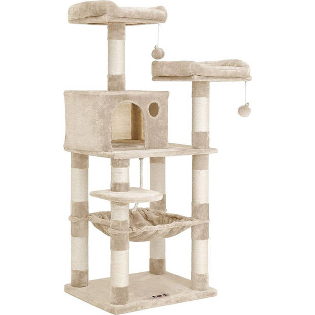 FEANDREA - krabpaal - 143 cm - stabiele krabpaal met kattenhuis - Beige