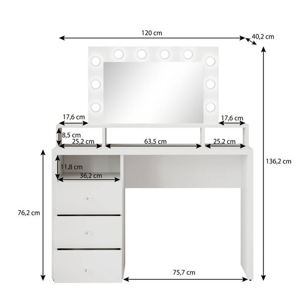 Meubella Kaptafel Dakota - Wit - 120 cm - Met spiegel