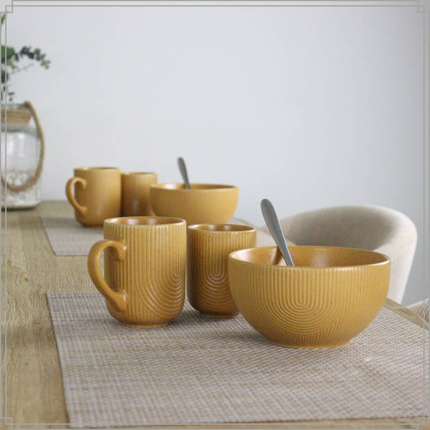 OTIX Koffiekopjes Met Oor Set van 6 Koffietassen Cappuccino Kop Theemok 300ml Mustard yellow Aardewerk SPRUCE