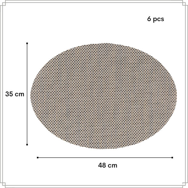 OTIX Placemats - Set van 6 - Kunststof - Ovaal - Zwart Wit - Onderleggers - 48x35cm