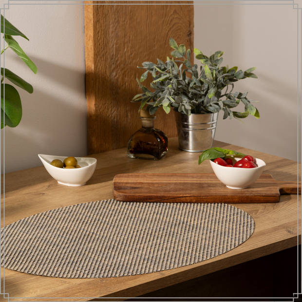 OTIX Placemats - Set van 6 - Kunststof - Ovaal - Zwart Wit - Onderleggers - 48x35cm