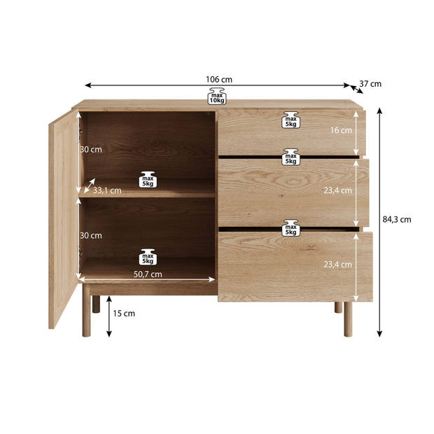 Meubella Dressoir Storm - Eiken - 106 cm - Met lades