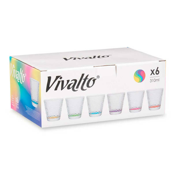 Vivalto Waterglazen/drinkglazen Colorama - 12x - transparant kleurenmix - 310 ml - 9 cm - Drinkglazen