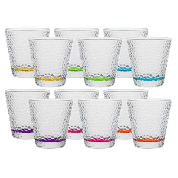 Vivalto Waterglazen/drinkglazen Colorama - 12x - transparant kleurenmix - 310 ml - 9 cm - Drinkglazen