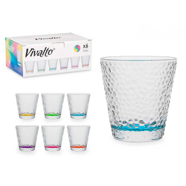 Vivalto Waterglazen/drinkglazen Colorama - 6x - transparant kleurenmix - 310 ml - 9 cm - Drinkglazen