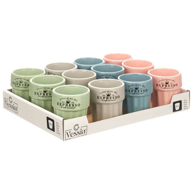 Vessia Espresso/koffie kopjes set Italia - 12x - pastel kleuren mix - 80ml - Porselein - met print - Koffie- en theeglaz