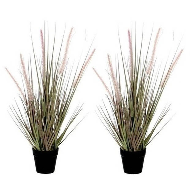 2x Groene Dogtail siergras kunstplanten 53 cm met zwarte pot - Kunstplanten