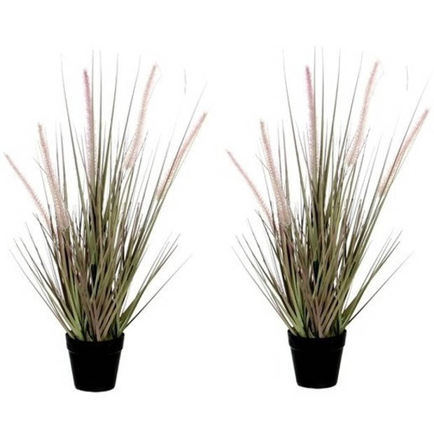 2x groene Dogtail siergras kunstplanten 53 cm met zwarte pot - Kunstplanten