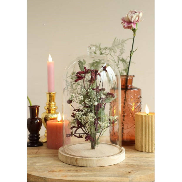 Ideas4Seasons Decoratie stolp - met sierknopje - houten plateau - D14 x H24 cm - Decoratieve stolpen