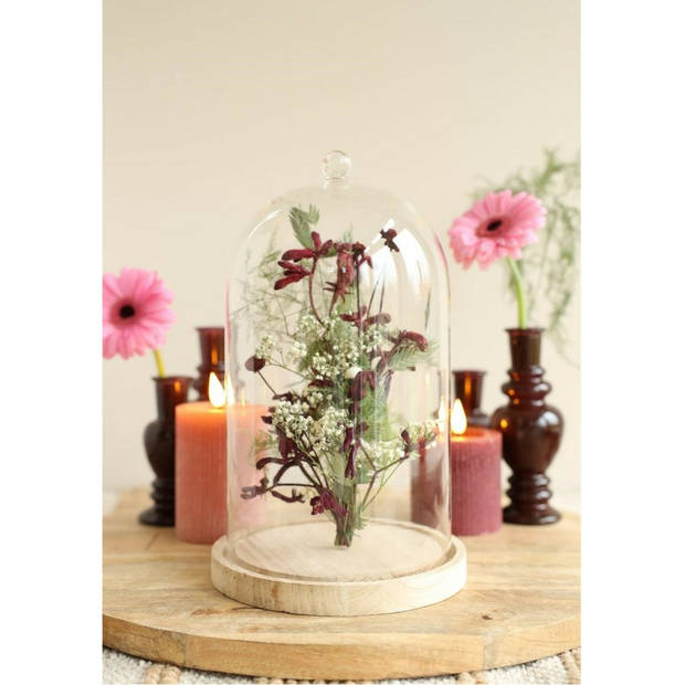 Ideas4Seasons Decoratie stolp - met sierknopje - houten plateau - D17 x H28 cm - Decoratieve stolpen