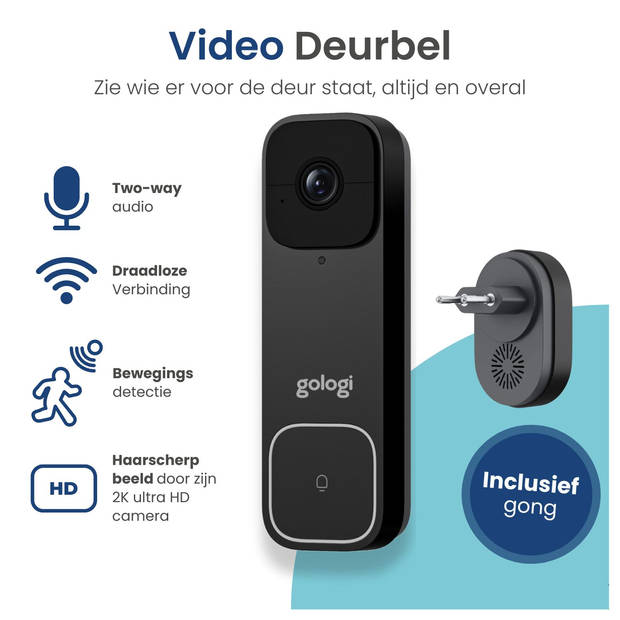 Gologi Video Deurbel - Slimme Deurbel met Camera en WiFi - HD Video Kwaliteit - Draadloos op Accu - Inclusief Chime