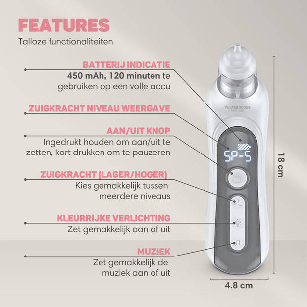 Vulpes Goods Baby Neusreiniger Elektrisch - Oplaadbaar - 5 zuigsterktes - BPA vrij