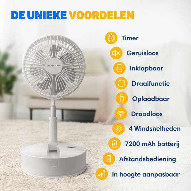 Vulpes Goods Draadloze Statiefventilator met Afstandsbediening - Oplaadbaar & Uitschuifbaar - 102cm - Wit