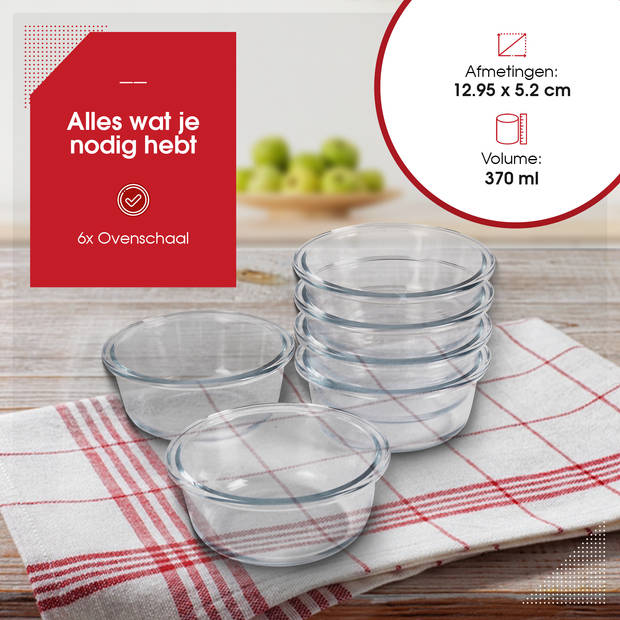 HGMD Ovenschalen Set - 6 Stuks - 370ML - Glas - Rond - Ovenschaaltjes 1 persoon - Vaatwasserbestendig