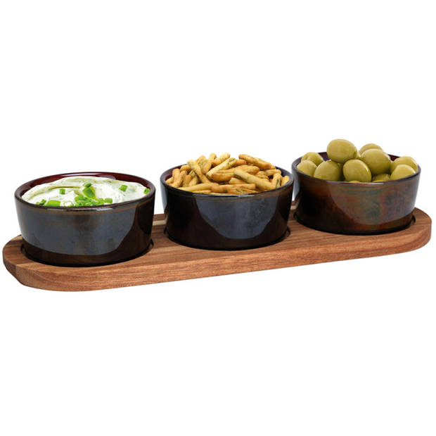 Serveerplank/borrelplank hapjes/saus/tapas - keramiek - bruin - incl. 3x schaaltjes - Serveerplanken