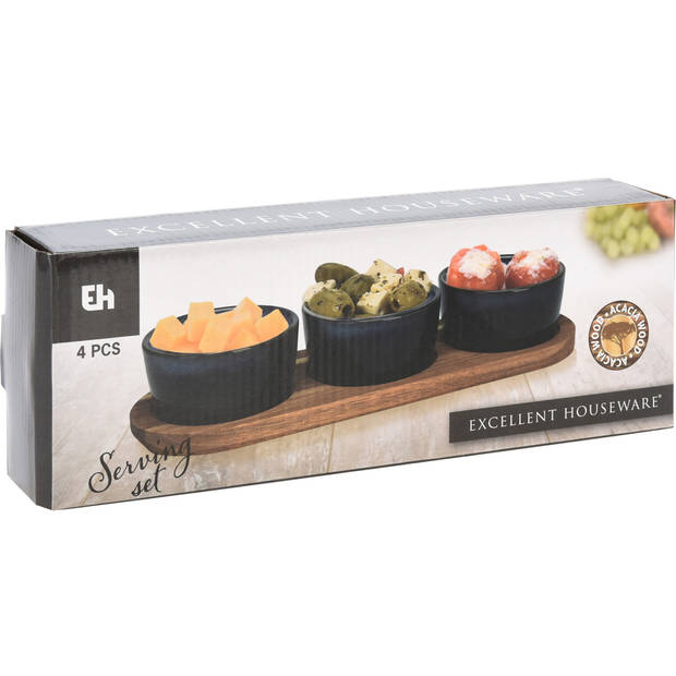 Serveerplank/borrelplank hapjes/saus/tapas - keramiek - bruin - incl. 3x schaaltjes - Serveerplanken