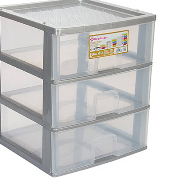 Hega Hogar Ladeblokje/bureau organizer 3x lade - grijs/transparant - L38 x B38 x H44 cm - kunststof - Ladeblok