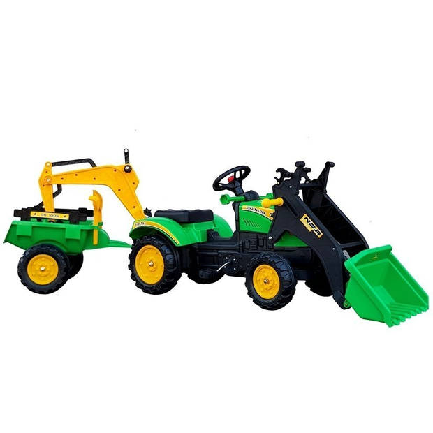 Grote branson 3-in-1 Traptractor - Met Frontlader en Graafmachine Inclusief Aanhanger - Groen