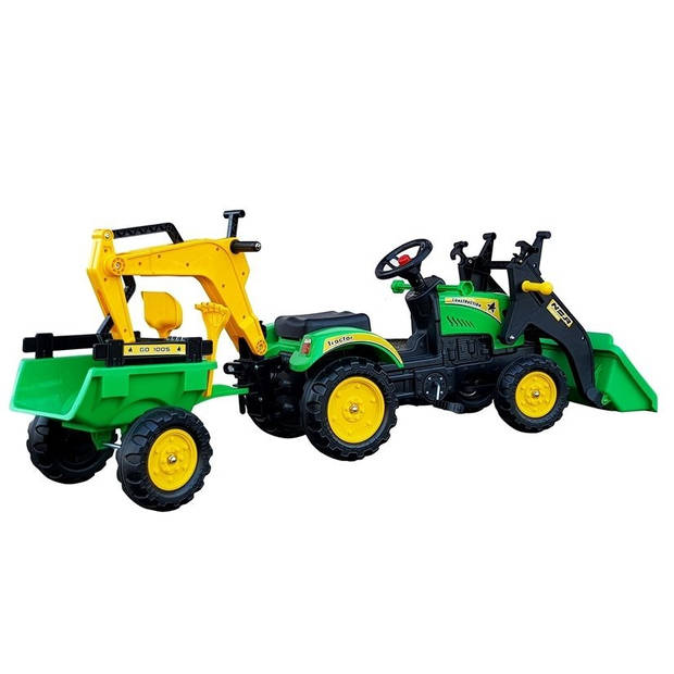 Grote branson 3-in-1 Traptractor - Met Frontlader en Graafmachine Inclusief Aanhanger - Groen