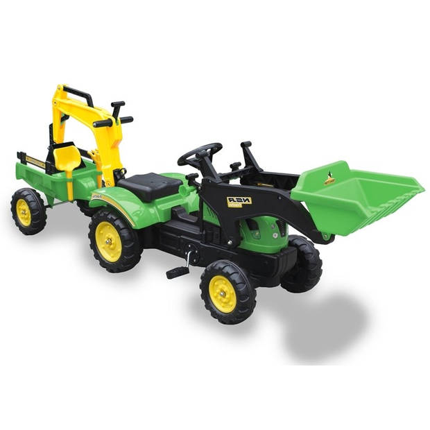 Grote branson 3-in-1 Traptractor - Met Frontlader en Graafmachine Inclusief Aanhanger - Groen