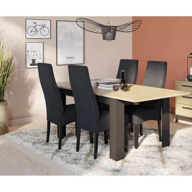 Uitschuifbare tafel - CRAFT - Rechthoekig - Hamilton eik en matzwart melamine decor - 6 zitplaatsen - 160 / 200 x 90 cm