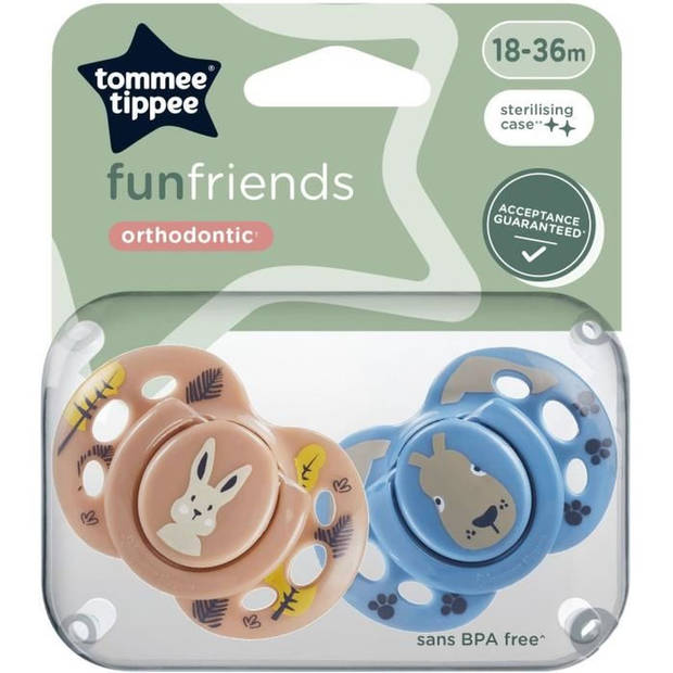 Fopspeen - TOMMEE TIPPEE - FUN - 18-36 maanden - Set van 2 symmetrische BPA-vrije fopspenen - Herbruikbare sterilisatiec