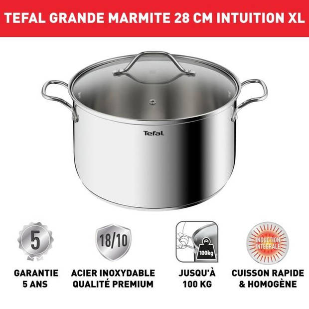 TEFAL Intuition XL Soeppan 28 cm RVS + glazen deksel, Inhoud 8 L, Inductie, 18/10 RVS, Robuuste handgrepen B8646404