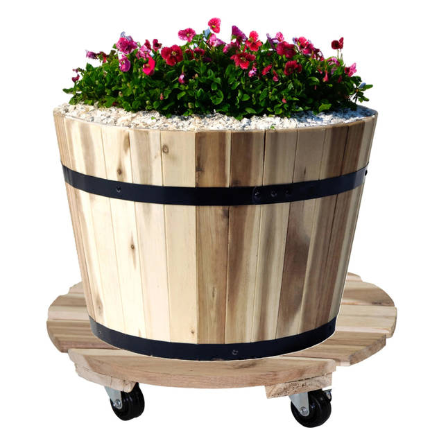 Mega Collections Plantenpot trolley - acacia hout - lichtbruin - rond - 30 x 30 cm - max 50 kilo - Planten onderzetter