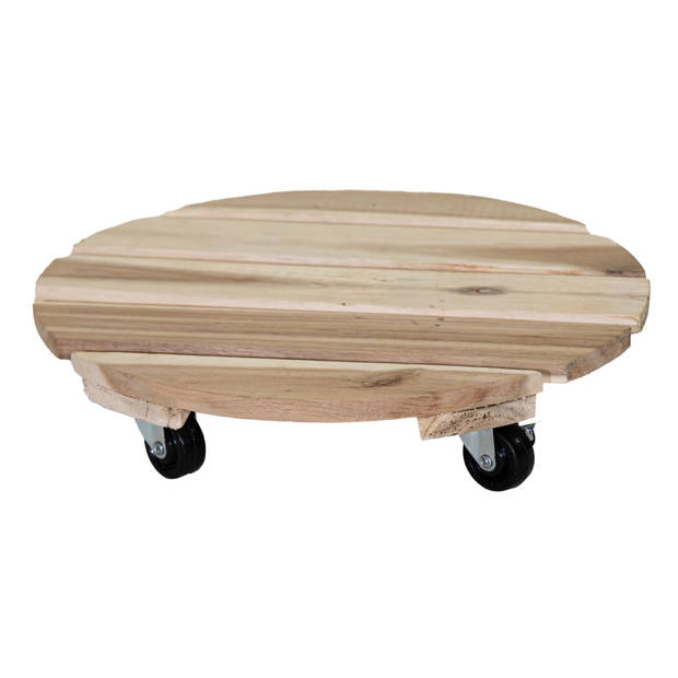 Mega Collections Plantenpot trolley - acacia hout - lichtbruin - rond - 25 x 25 cm - max 50 kilo - Planten onderzetter