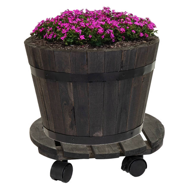 Mega Collections Plantenpot trolley - acacia hout - antraciet - rond - 40 x 40 cm - max 80 kilo - Planten onderzetter