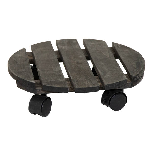 Mega Collections Plantenpot trolley - acacia hout - antraciet - rond - 40 x 40 cm - max 80 kilo - Planten onderzetter