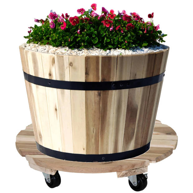 Mega Collections Plantenpot trolley - acacia hout - lichtbruin - rond - 25 x 25 cm - max 50 kilo - Planten onderzetter