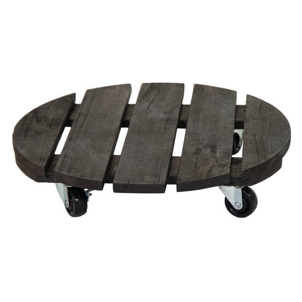 Mega Collections Plantenpot trolley - acacia hout - antraciet - rond - 30 x 30 cm - max 50 kilo - Planten onderzetter