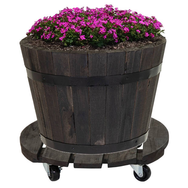 Mega Collections Plantenpot trolley - acacia hout - antraciet - rond - 30 x 30 cm - max 50 kilo - Planten onderzetter