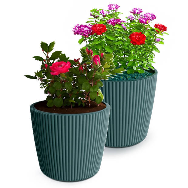 Prosperplast Plantenpot/bloempot Buckingham - 2x - kunststof - zeeblauw - D14 x H13 cm - Plantenpotten