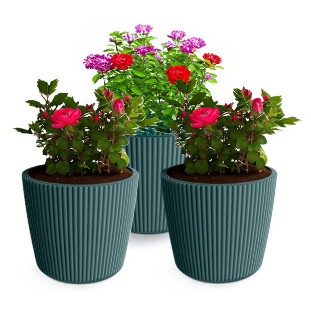 Prosperplast Plantenpot/bloempot Buckingham - 3x - kunststof - zeeblauw - D14 x H13 cm - Plantenpotten